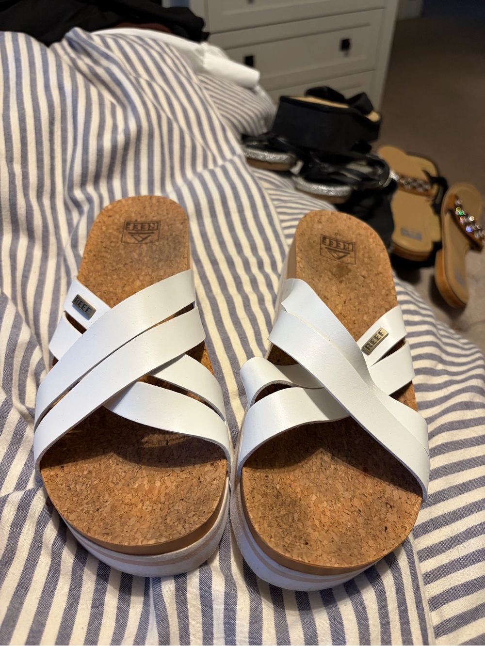 Reef White Cork Crossover Slide Sandals